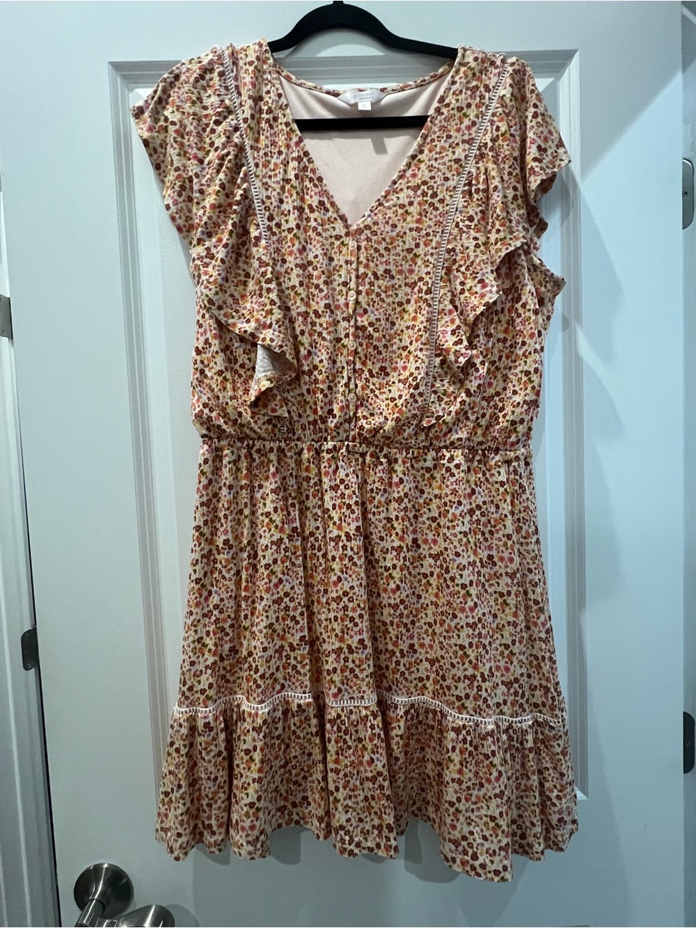 LC Lauren Conrad Floral Ruffle V-Neck Mini Dress in Beige, Pink and Rust